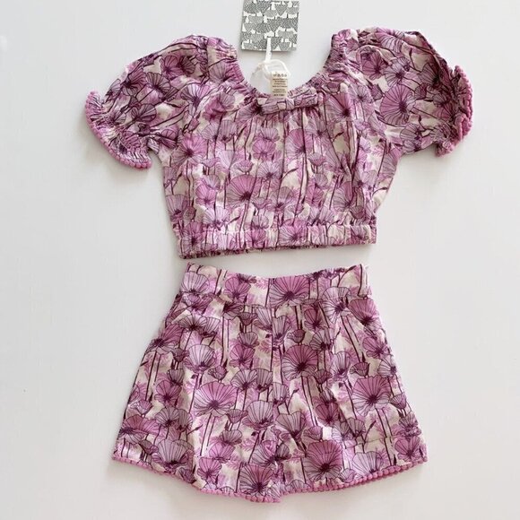 Kate Quinn Organics Baby Girl Medium Orchid Poppies Shorts And Crop Top Set 18-2 - Picture 1 of 8